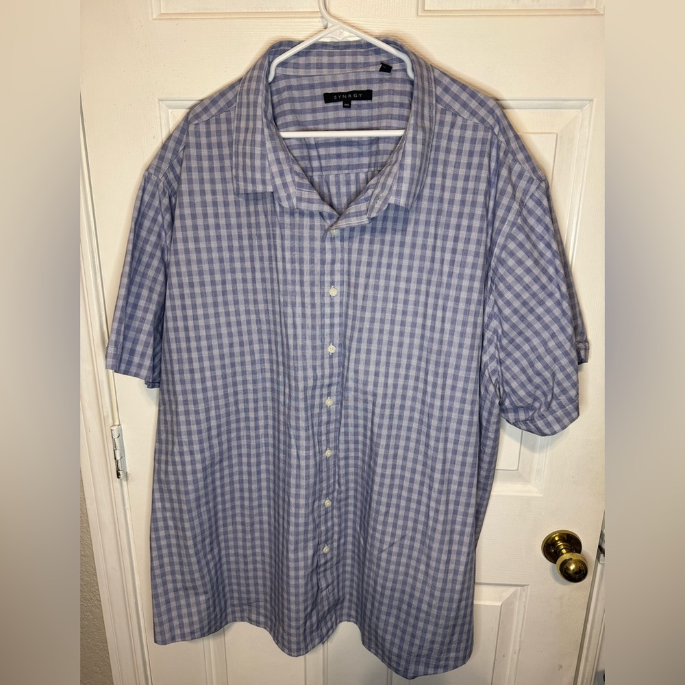Synergy Men's blue Plaid Button Down Shirt short sleeved 5xl